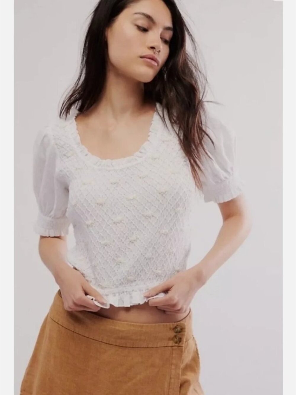 Free People NWT Boho Cecelia Cropped Smocked Embroidered Rosette Top Sz M